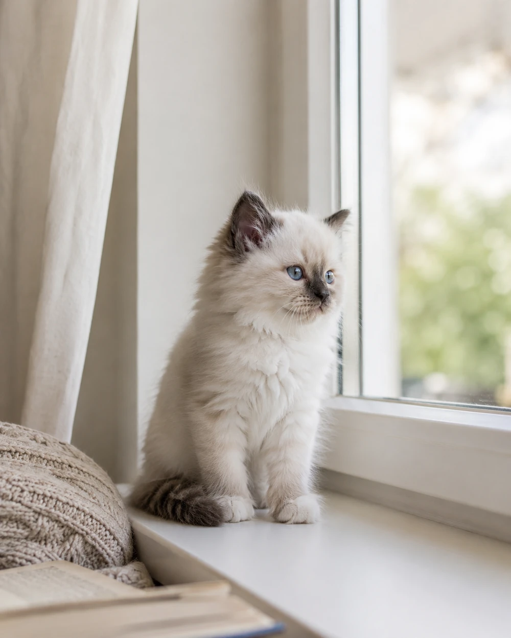 Kremowe kocię Ragdoll siedzące na jasnym parapecie i patrzące przez okno