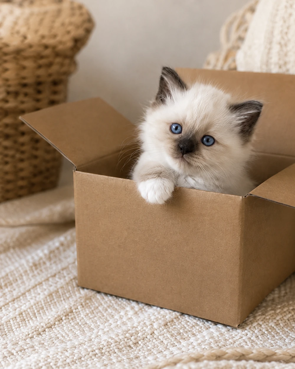 Kremowe kocię Ragdoll z niebieskimi oczami siedzące w kartonowym pudełku