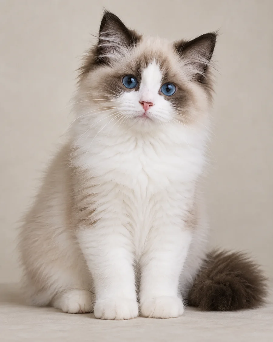 Niebieskooki kot Ragdoll o wzorze bicolor z białą odwróconą literą V na pysku