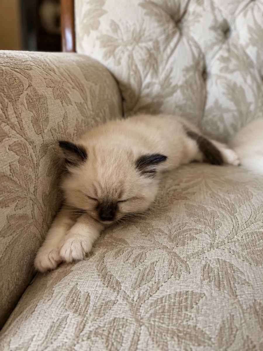 Jasne kocię Ragdoll z ciemniejszymi uszami śpiące na tapicerowanym fotelu